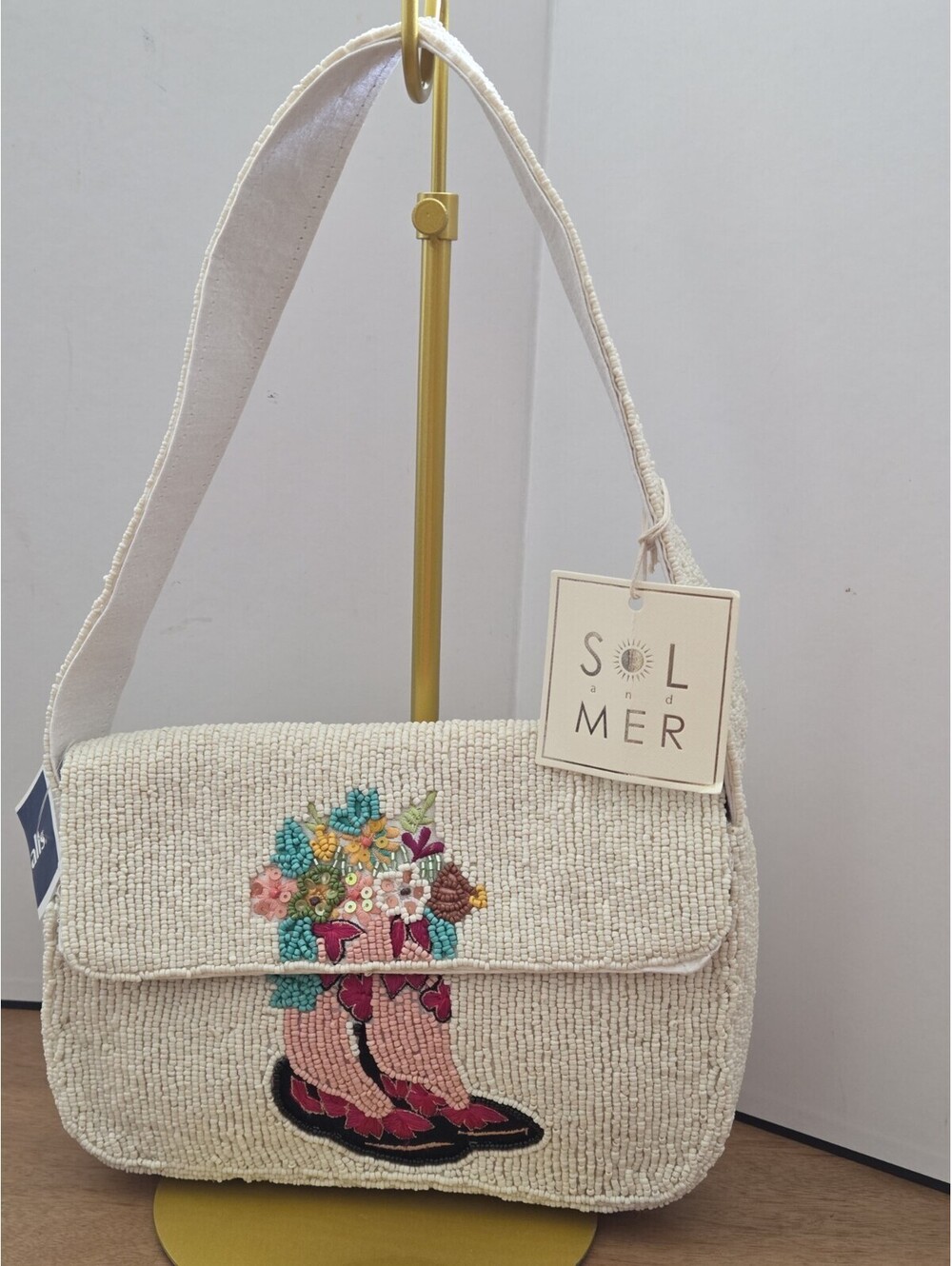 Sol and Mer Beaded Crossbody Bag Pink Cowgirl Boots Floral NWT